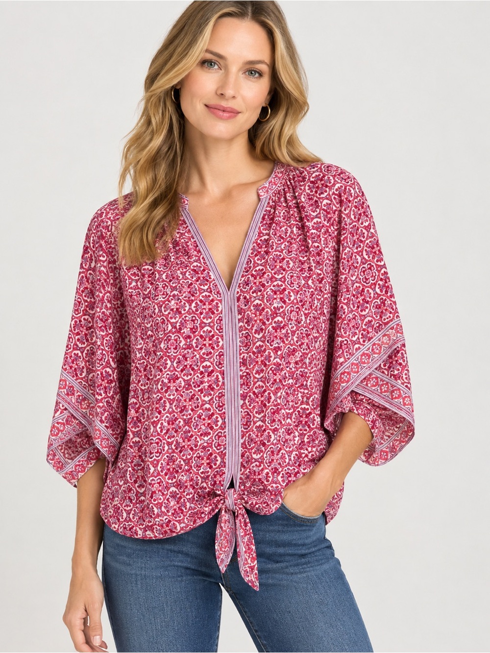 Max Studio blouse features a tie-front design wide kimono-style sleeves size M